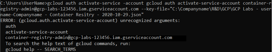 gcloud command output