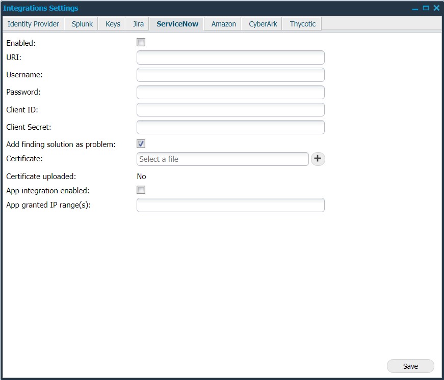 Integrations Settings - ServiceNow