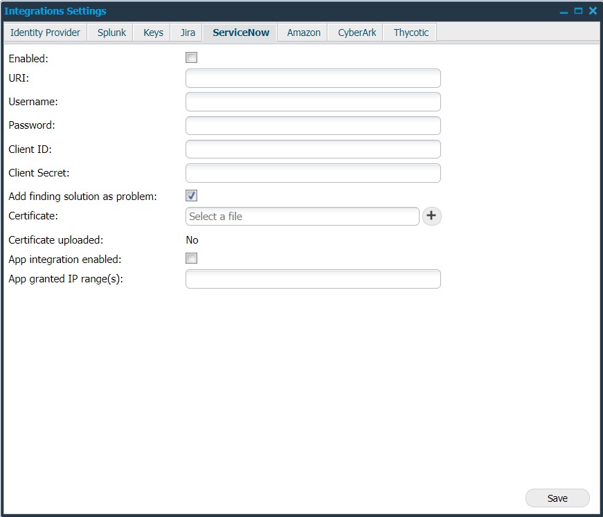 Integrations Settings - ServiceNow