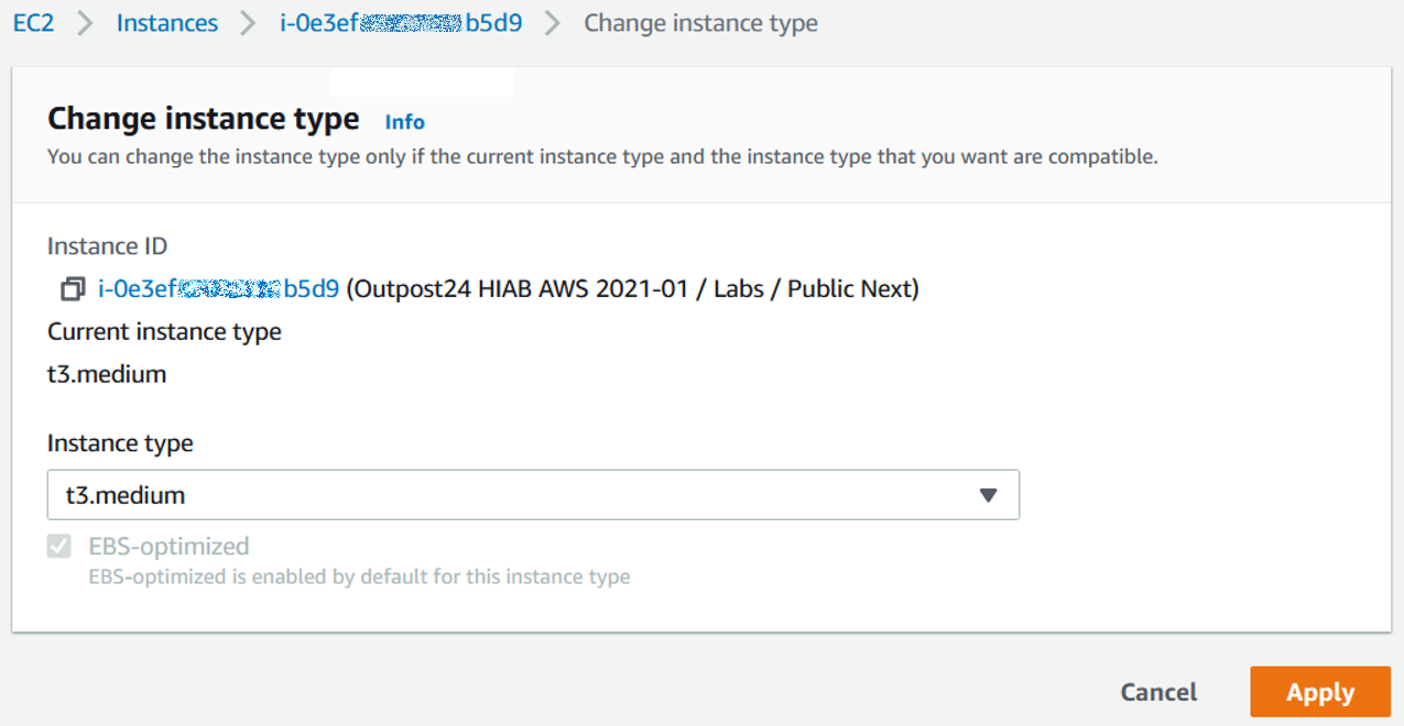 Change instance type dialog box