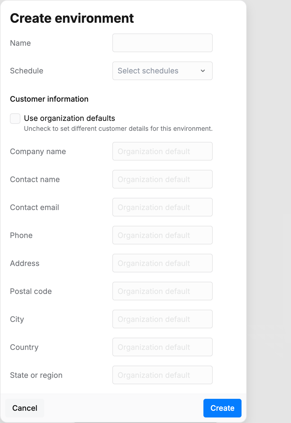 Create environment dialog