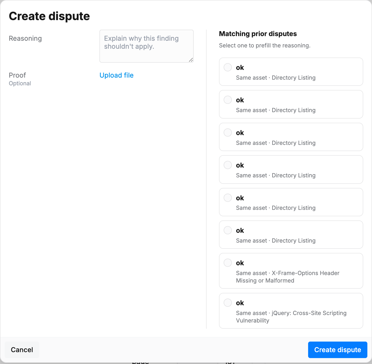 Create dispute dialog
