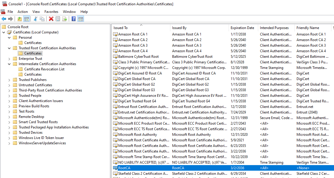 RootCA in the Trusted Root Certification Authorities