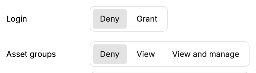 Login row with Deny and Grant above the divider, Asset groups row below